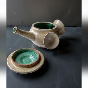 Handcrafted Teal And Tan Ceramic Teapot With Circular Handle